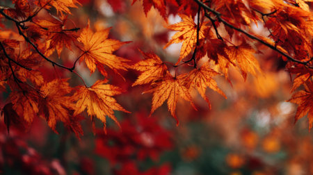Leaves in shades of orange and red hang gracefully from branches in a peaceful forest setting.の素材