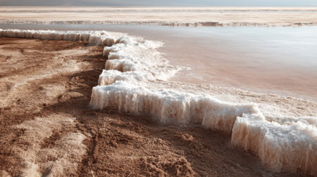 Waves gently lap against the salty shore creating intricate patterns of white crystals and earthy brown.の素材