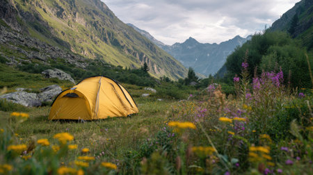 A bright yellow tent sits in a lush green valley. Mountains tower in the background under a cloudy sky.の素材