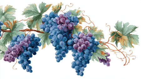 Clusters of plump grapes dangle from twisting vines basking in warm sunlight amid lush leaves.の素材