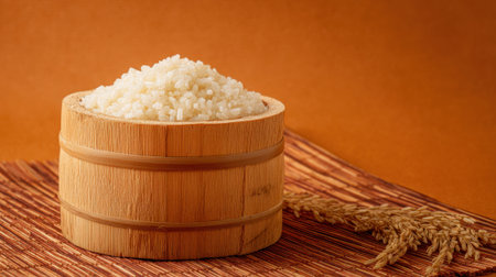 Cooked rice is neatly arranged in a round wooden bowl placed on a woven brown mat. The warm background adds a cozy feel, perfect for a homey kitchen scene.の素材