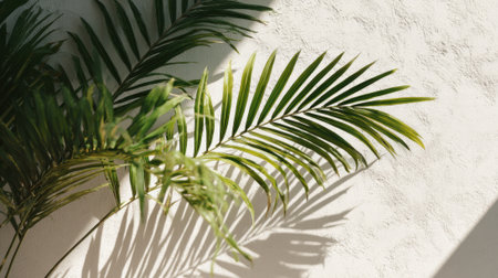 Green palm leaves create a beautiful pattern of shadows on a white wall, showing a calm and natural ambiance in a modern indoor space.の素材