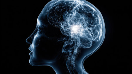 A detailed representation of a human head showing the brains intricate structures and activity.の素材