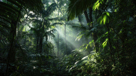 Sunlight streams through the vibrant canopy illuminating the rich foliage of the rainforest.の素材