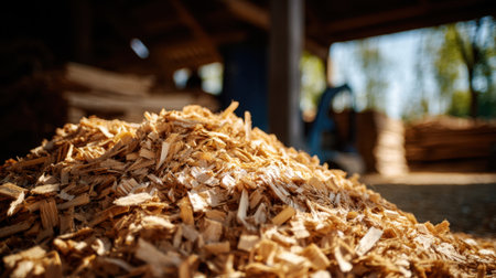 A large mound of wood shavings is seen in a sunlit workshop giving off a rustic and warm atmosphere.の素材