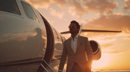 A well-dressed man steps out of a private jet, wearing sunglasses and a tailored suit. The sky is painted with orange and pink hues as sunset approaches.の素材