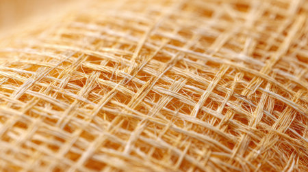 Close up view of intricate fibers woven together in a golden hue showcasing craftsmanship.の素材