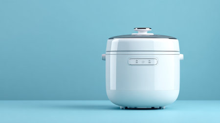 A stylish rice cooker stands on a bright blue surface showing its clean lines and usability.の素材