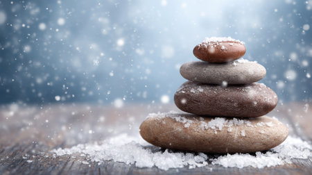 Snow falls gently on a carefully stacked arrangement of smooth stones creating a peaceful winter ambiance.の素材