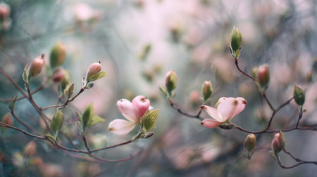 Delicate dogwood blossoms appear on branches under gentle sunlight in a peaceful spring scene.の素材