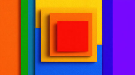 Bright colors form layers of geometric shapes in this vibrant abstract artwork. The arrangement catches the eye with reds, oranges, yellows, and blues interacting harmoniously.の素材