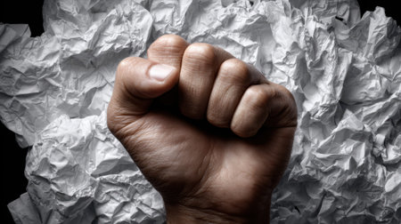 A strong hand forms a fist set against chaotic crumpled paper showcasing power and resolve.の素材