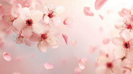 Petals fall gently from cherry blossoms in a serene setting capturing the essence of spring.の素材