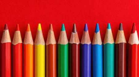 A variety of colored pencils align perfectly in a row displaying a lively assortment of hues.の素材