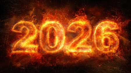 Bright flames form the numbers representing 2026 creating an energetic and captivating scene.の素材