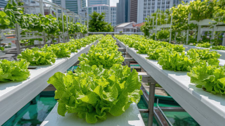 Rows of vibrant green lettuce grow in an urban rooftop garden. Surrounding skyscrapers create a striking backdrop under a clear blue sky. This scene highlights sustainable urban farming.の素材