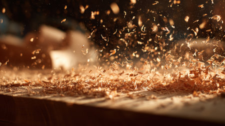 Wood shavings dance in the air as a craftsman shapes wood in a bright workshop.の素材