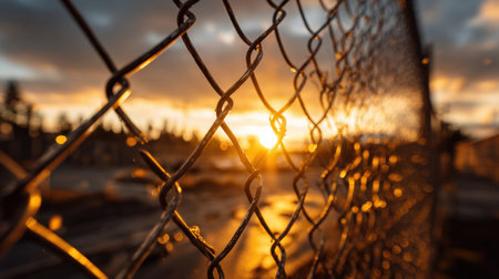 Sunlight filters through the chain link fence illuminating the ground as day turns to night.の素材