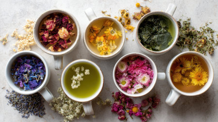 Brightly colored tea cups filled with different herbal blends sit on a light surface. Each cup showcases unique dried flowers and leaves, perfect for a soothing drink.の素材