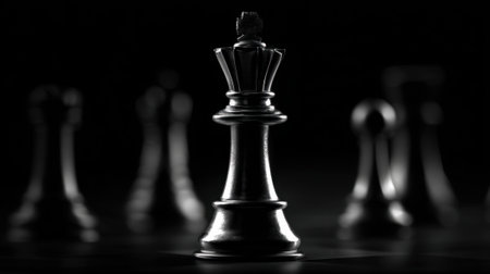 A dramatic black and white setting features a prominent king chess piece in focus, surrounded by blurred other pieces, suggesting an intense game. The light creates a striking visual contrast.の素材
