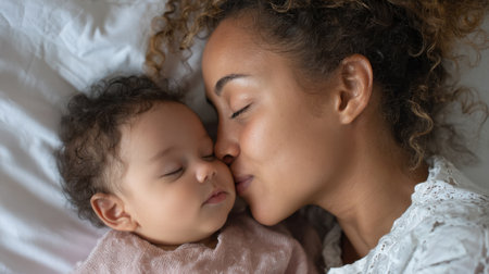 Mother kisses her sleeping baby creating a warm and loving bond in a cozy setting.の素材