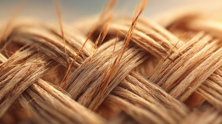 Natural fibers are intricately woven together, displaying beautiful textures and patterns. The warm sunlight enhances the rich details in this textile close-up.の素材