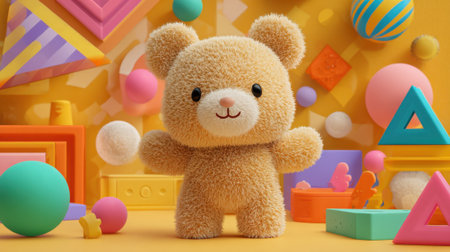 A soft toy bear stands joyfully in a lively scene filled with colorful geometric shapes and playful toys. The atmosphere is bright and inviting, perfect for children.の素材