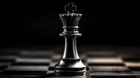 A black chess king piece stands prominently on a polished chessboard. The lighting highlights its intricate design, creating a striking contrast with the dark background.の素材