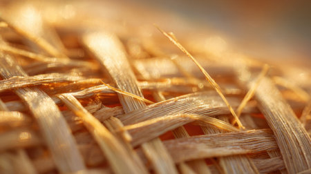 A textured surface of woven natural fibers captures warm sunlight during dusk, showing the craftsmanship and intricate details of the design while highlighting fine strands.の素材