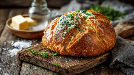 A loaf of golden bread sits on a wooden board garnished with herbs and accompanied by butter.の素材