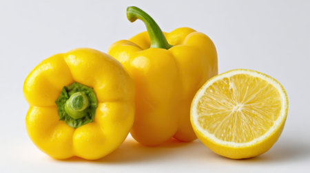 Two bright yellow bell peppers sit next to a halved lemon on a plain background. This vibrant arrangement showcases fresh ingredients perfect for healthy meals and recipes.の素材