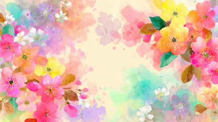 A mix of bright flowers in various colors fills the space enchanting with joyful beauty and creative spirit.の素材