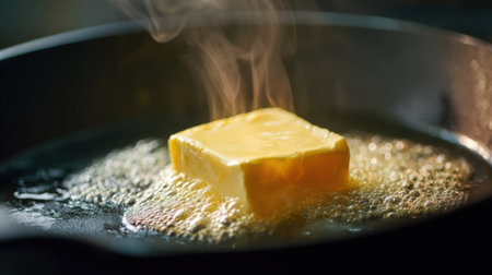 A stick of butter melts in a black skillet, releasing steam and bubbles as it heats up. The scene showcases the process of cooking with rich, golden butter.の素材