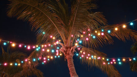 Strings of bright lights hang from palm trees creating a festive atmosphere on a warm night.の素材