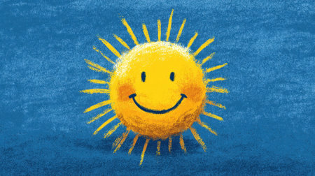 A cheerful yellow sun with a smiling face and radiant rays is set against a vibrant blue background. This illustration evokes feelings of joy, light, and warmth in any design.の素材