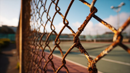 A rusty fence encloses a vacant tennis court under a serene sky capturing quiet moments of solitude.の素材