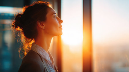 A woman stands by a large window, gazing at a vibrant sunset. The warm light illuminates her profile. She is dressed professionally and looks thoughtful as the day ends.の素材