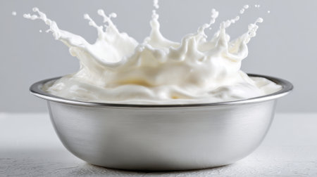 Cream is vigorously splashed in a shiny metal bowl, capturing the moment of movement and freshness in a busy kitchen setting. The splatter reflects the activity of cooking.の素材