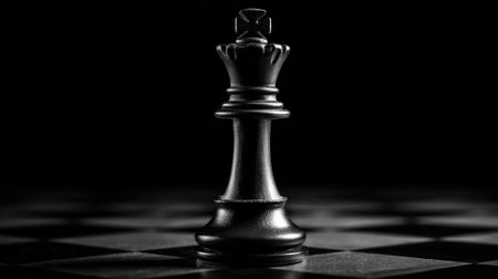 A black king chess piece is prominently displayed, casting shadows on a dark chessboard. The atmosphere is dramatic, focusing on strategy and concentration during a game.の素材
