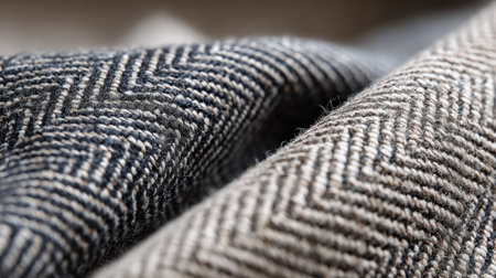Close view of interwoven herringbone patterned fabric highlighting the detailed texture and contrasting colors. The material has a sophisticated look and feel, suitable for various applications.の素材