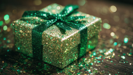 A beautiful green gift box with glitter sits on a wooden table surrounded by festive sequins at dusk.の素材