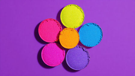 Six circular shapes in bright colors including pink, yellow, and blue are arranged on a vibrant purple background. This setup creates a lively visual perfect for creativity.の素材