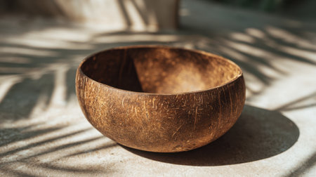 A wooden bowl rests on a stone surface, surrounded by soft shadows created by leaves and branches above. The natural texture of the bowl complements the serene atmosphere.の素材