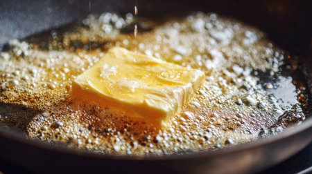 A block of butter is melting in a hot pan, creating bubbles and golden liquid. This scene captures the essence of cooking with rich flavors and aromas filling the kitchen.の素材