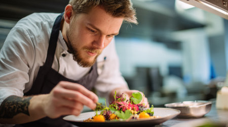 A chef focuses intently on decorating a vibrant plate with fresh herbs and toppings in a bustling restaurant kitchen. The atmosphere is lively and professional.の素材
