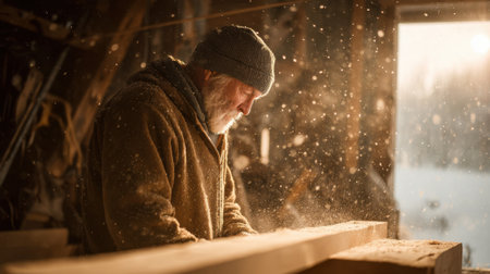 A man focuses intently as he works on a piece of wood in his workshop. Warm light filters through the door, creating a peaceful atmosphere filled with dust.の素材