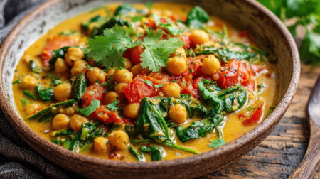 A warm chickpea and spinach curry sits in a rustic bowl. Fresh herbs like cilantro garnish the dish. The cozy kitchen table setting creates a welcoming atmosphere for a comforting meal.の素材