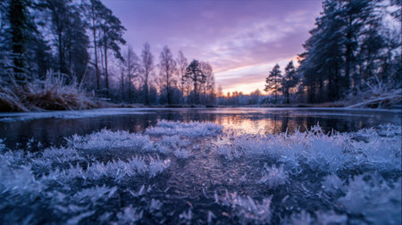 A beautiful winter scene captures a frozen lake with frost-covered plants. The sun rises, painting the sky with soft purple and orange hues over the tranquil forest.の素材