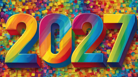 Brightly colored numbers represent the year 2027, surrounded by a background of colorful confetti. The setting evokes feelings of joy and celebration, perfect for New Year's festivities.の素材