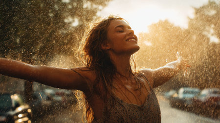A woman delights in the rain her arms wide open with sunlight illuminating her joyful expression.の素材